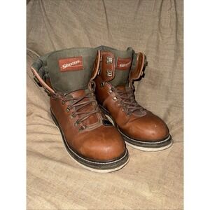 Simms Leather Wading Boots Men 6 Brown Green Felt Sole Fly Fishing Shoes (WTF31)
